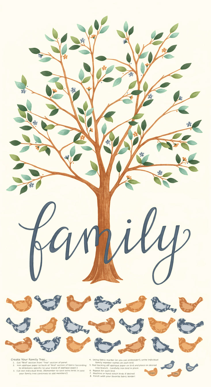 Family Tree Panel with bird cut-outs at the bottom. Purchase from your local quilt shop.