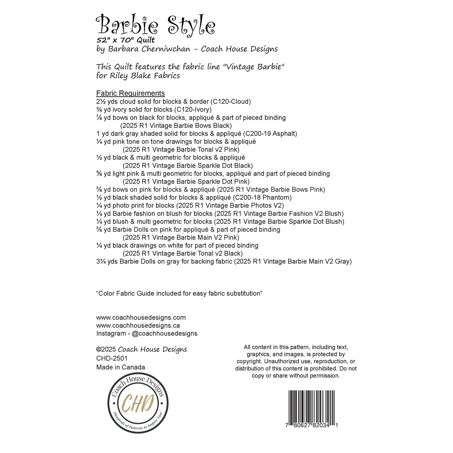 Textual information about the lap quilt sewing pattern titled 'Barbie Style' by Coach House Designs.