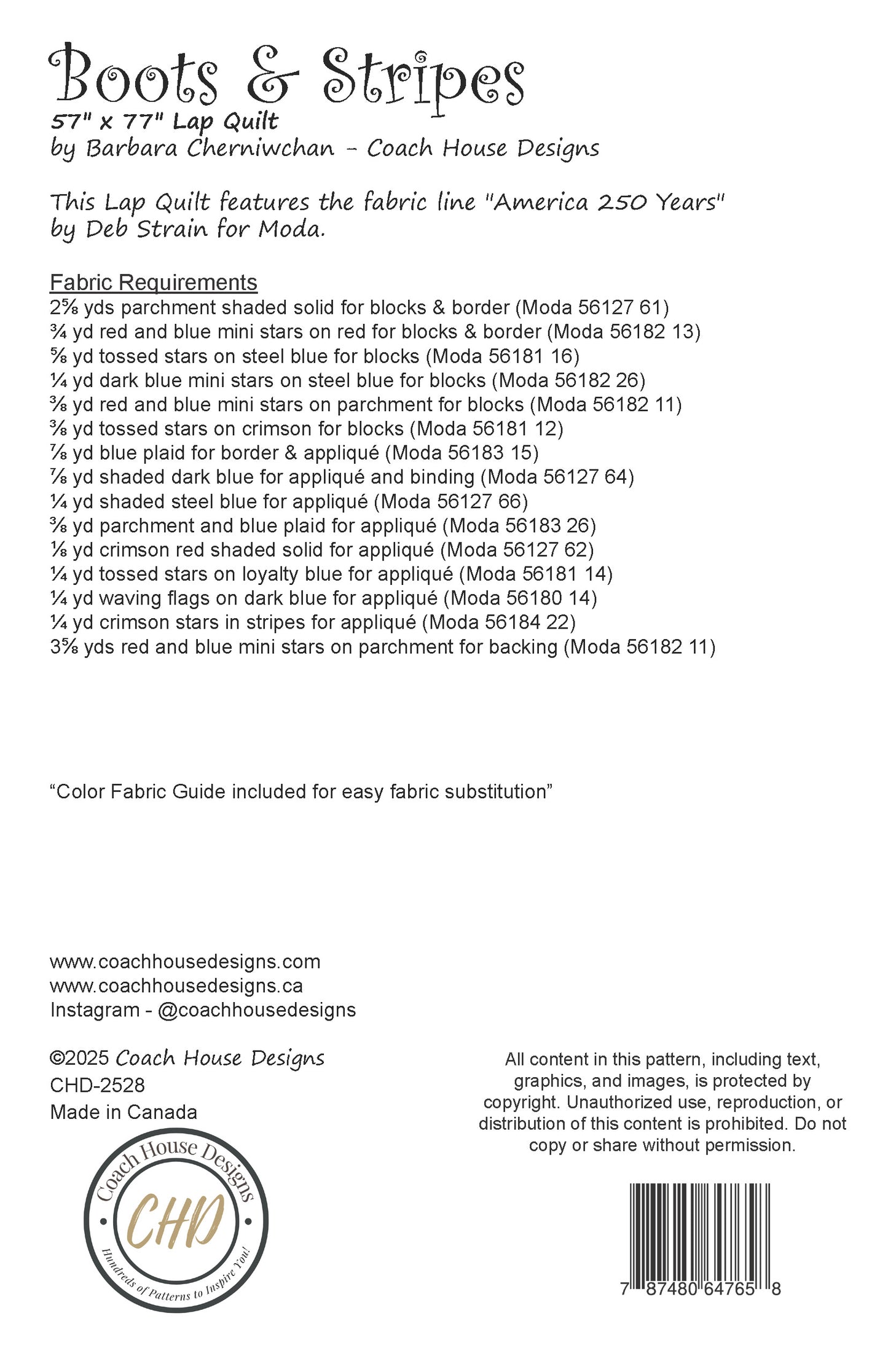 Information sheet for a lap quilt pattern titled 'Boots & Stripes' by Coach House Designs. It contains product specifications and fabric requirements.