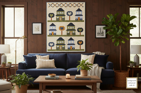 Living room with a blue sofa, wooden coffee table, and Family Grove quilt hanging on the wall.