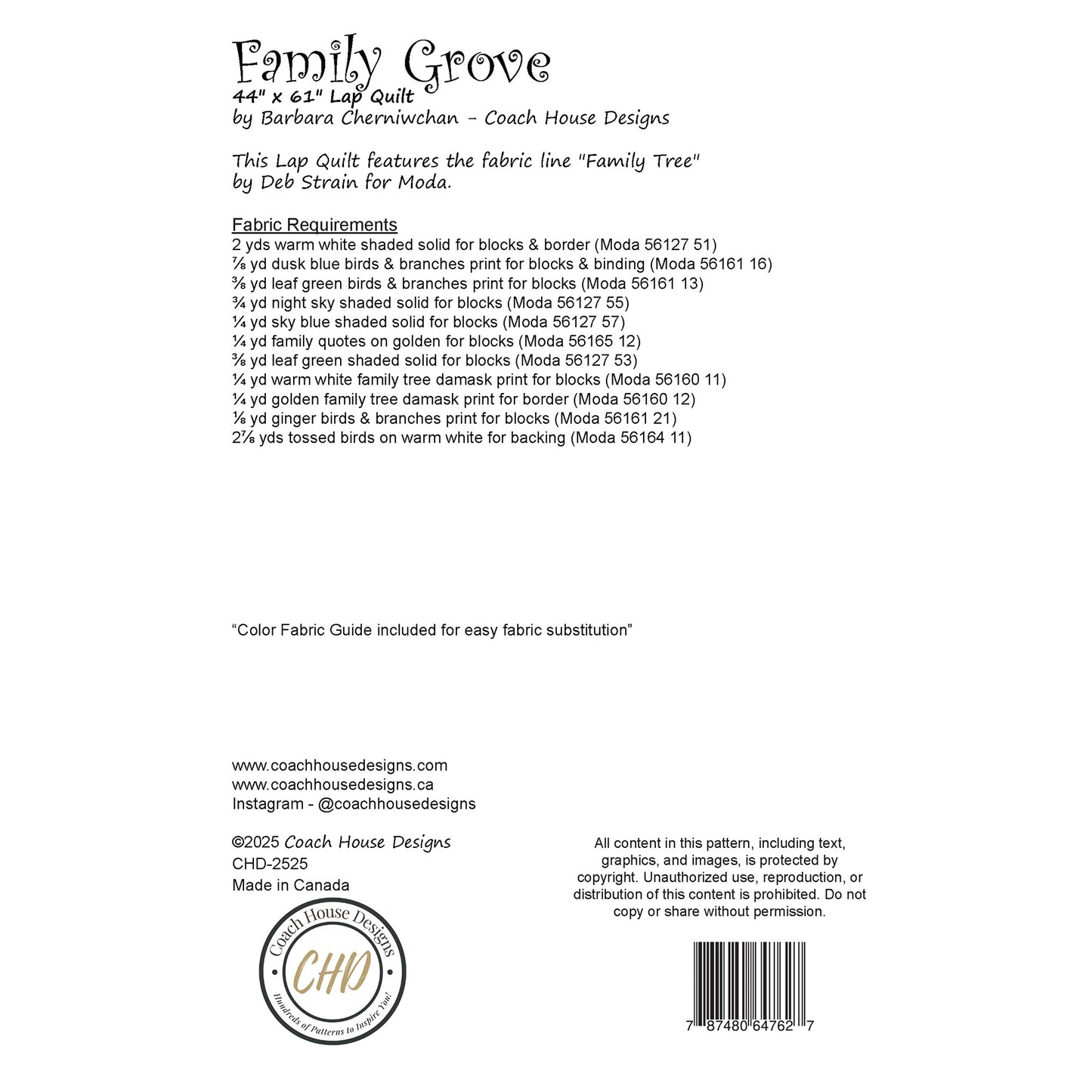Fabric requirements and design information for a quilt pattern titled 'Family Grove' by Coach House Designs.