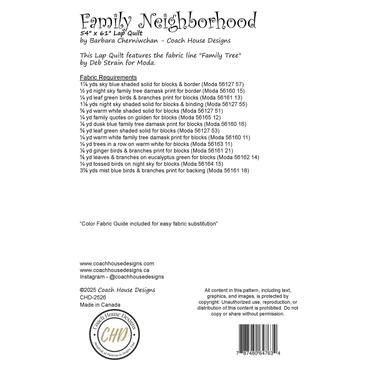 Textual information about a lap quilt sewing pattern titled 'Family Neighborhood' by Coach House Designs. This page contains information about the design specifications and fabric requirements to make the quilt.