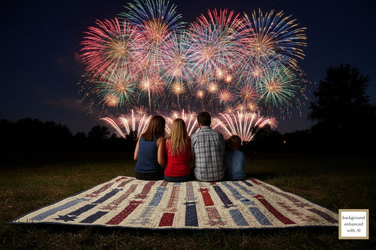 Family sitting on the Fireworks lap quilt which is made from Deb Strain's America 250 Years fabric Jelly Roll. The blocks represent the bursts with stars and rectangular blocks for the trails.