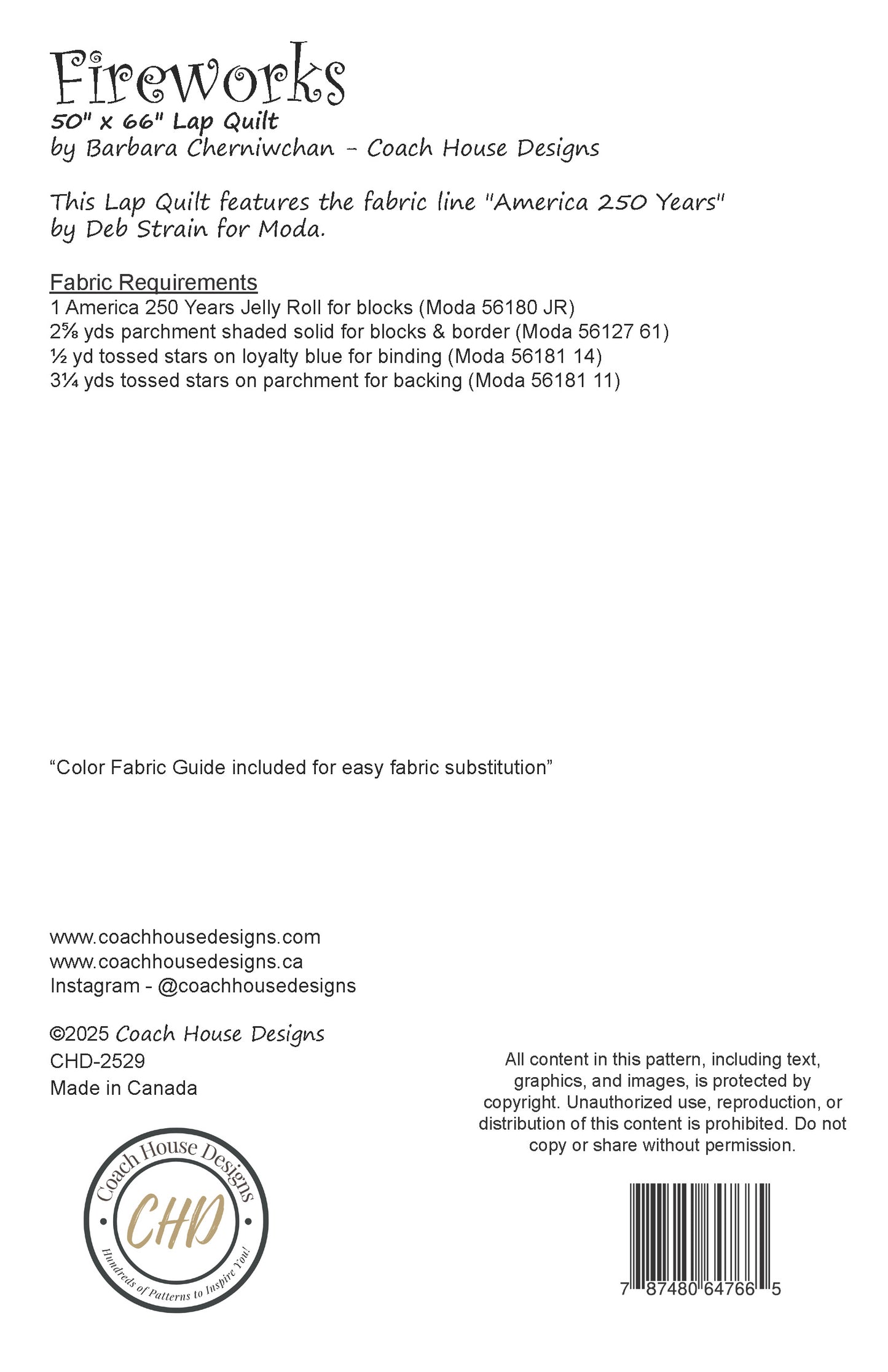 Textual information about a lap quilt sewing pattern titled 'Fireworks' by Coach House Designs. This page contains information about the design specifications and fabric requirements to make the quilt.