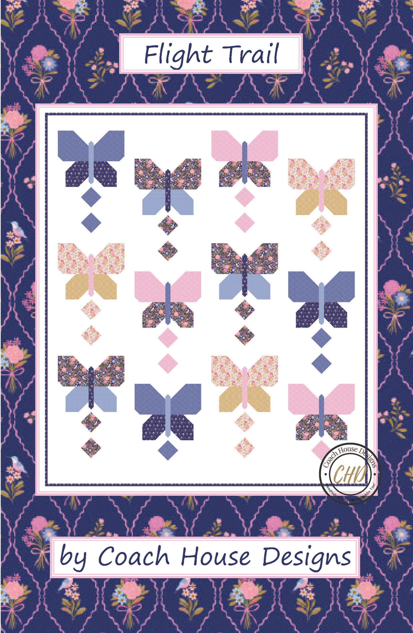 Cover of a lap quilt pattern with large pastel coloured butterflies on a white background titled 'Flight Trail' by Coach House Designs