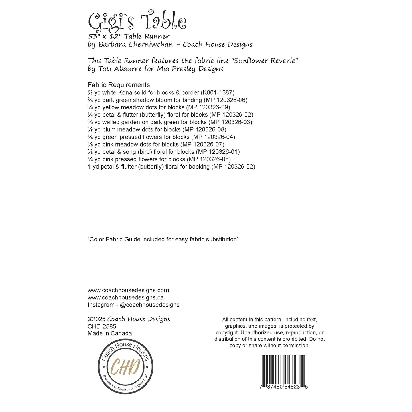 Back of pattern sheet that shows fabric requirements and design details for table runner quilt 'Gigi's Table by Coach House Designs.
