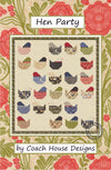 Cover page of a lap quilt pattern with many blocks of colorful chickens titled 'Hen Party' by Coach House Designs. The 25 hens are created using blue, red, green and pink fabrics on a soft cream background.