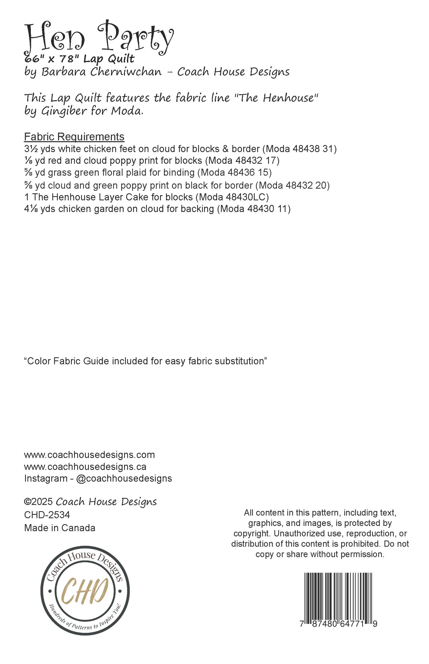 Back information page that shows the pattern specifications and fabric requirements the Hen Party lap quilt by Coach House Designs.