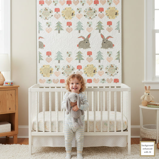 Quilt with flower, mushroom, trees and heart blocks and appliqued bunnies hanging on a wall in a baby’s room.