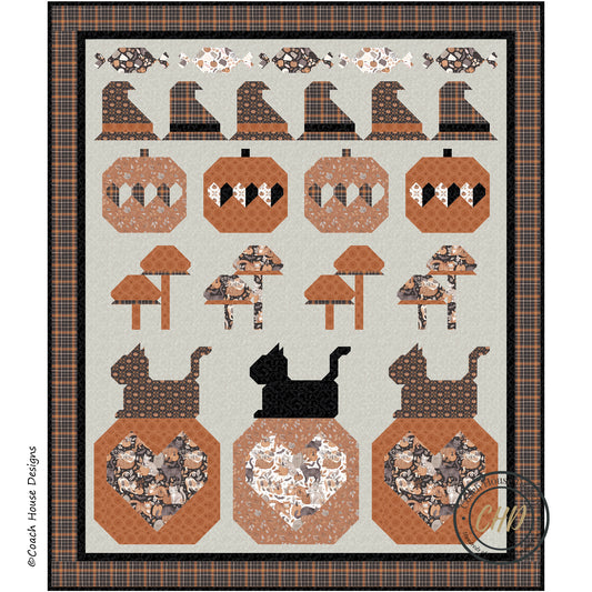 Halloween Quilt with pumpkin blocks, cat blocks, mushroom blocks, hat blocks and candy blocks on a beige background
