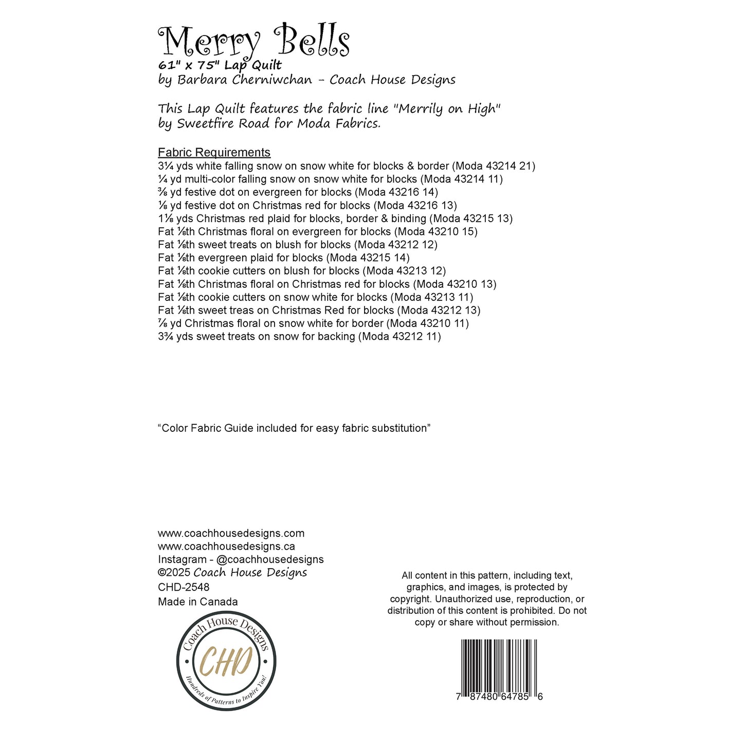 Textual information about a lap quilt sewing pattern titled 'Merry Bells' by Coach House Designs. This page contains information about the design specifications and fabric requirements to make the quilt.