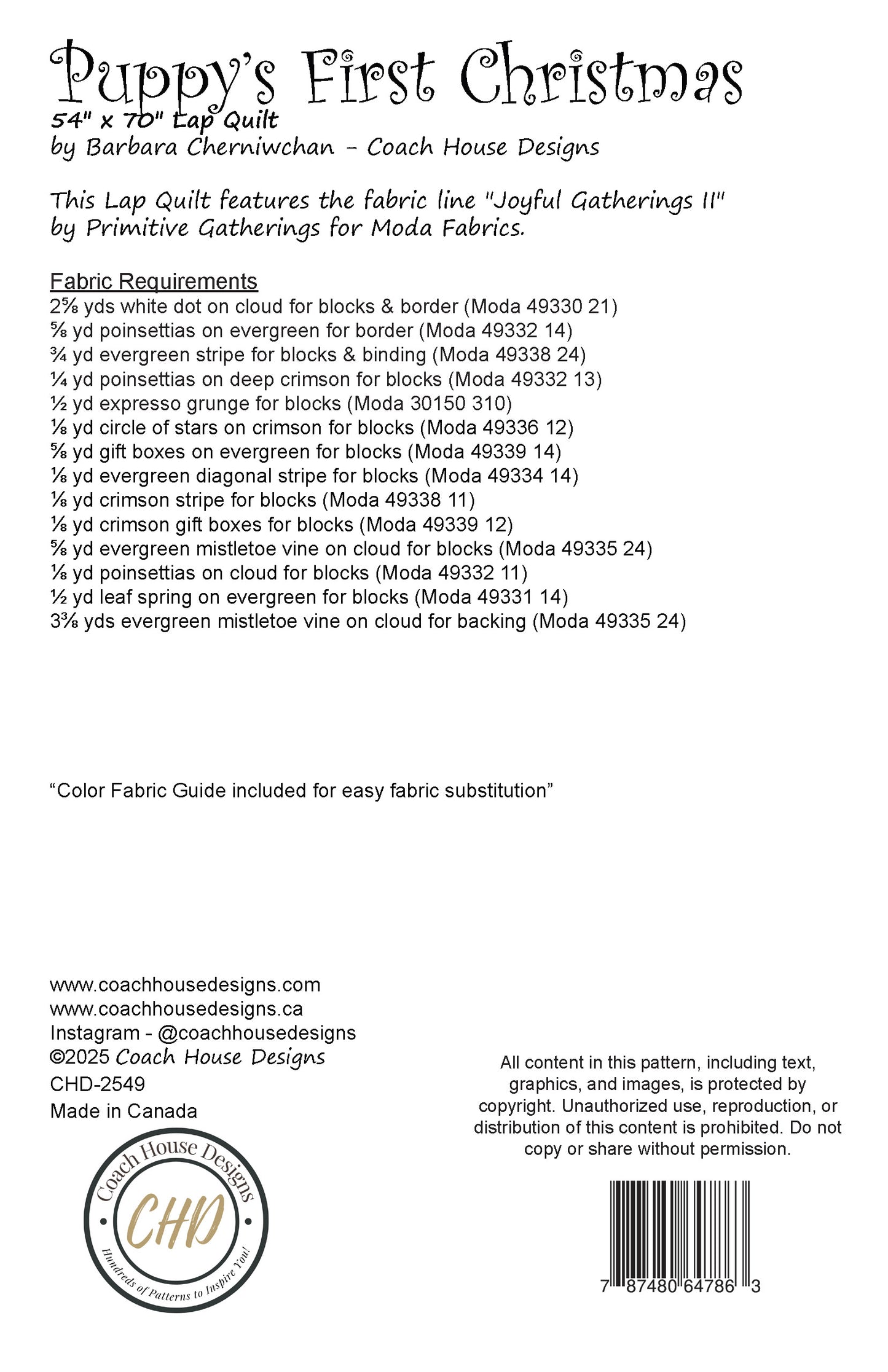 Information sheet for 'Puppy's First Christmas' lap quilt pattern by Coach House Designs with fabric requirements and design details.