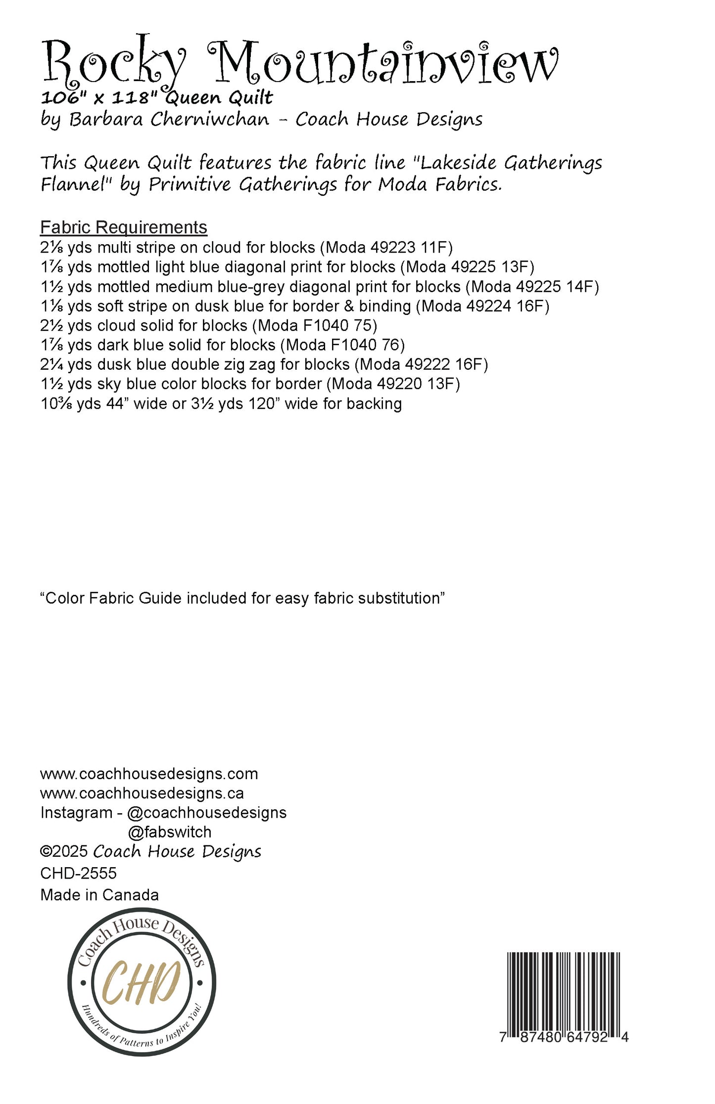 Information sheet from a Queen sized quilt pattern with product specifications and fabric requirements. The pattern is titled 'Rocky Mountainview' by Coach House Designs.