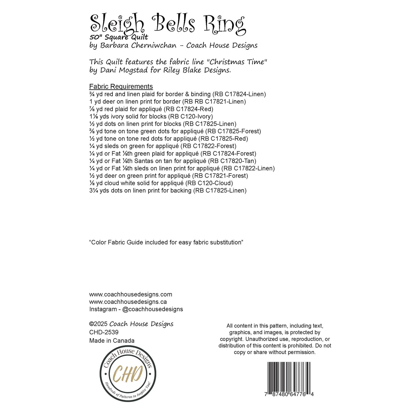 Fabric requirements for a quilt titled 'Sleigh Bells Ring' by Coach House Designs.