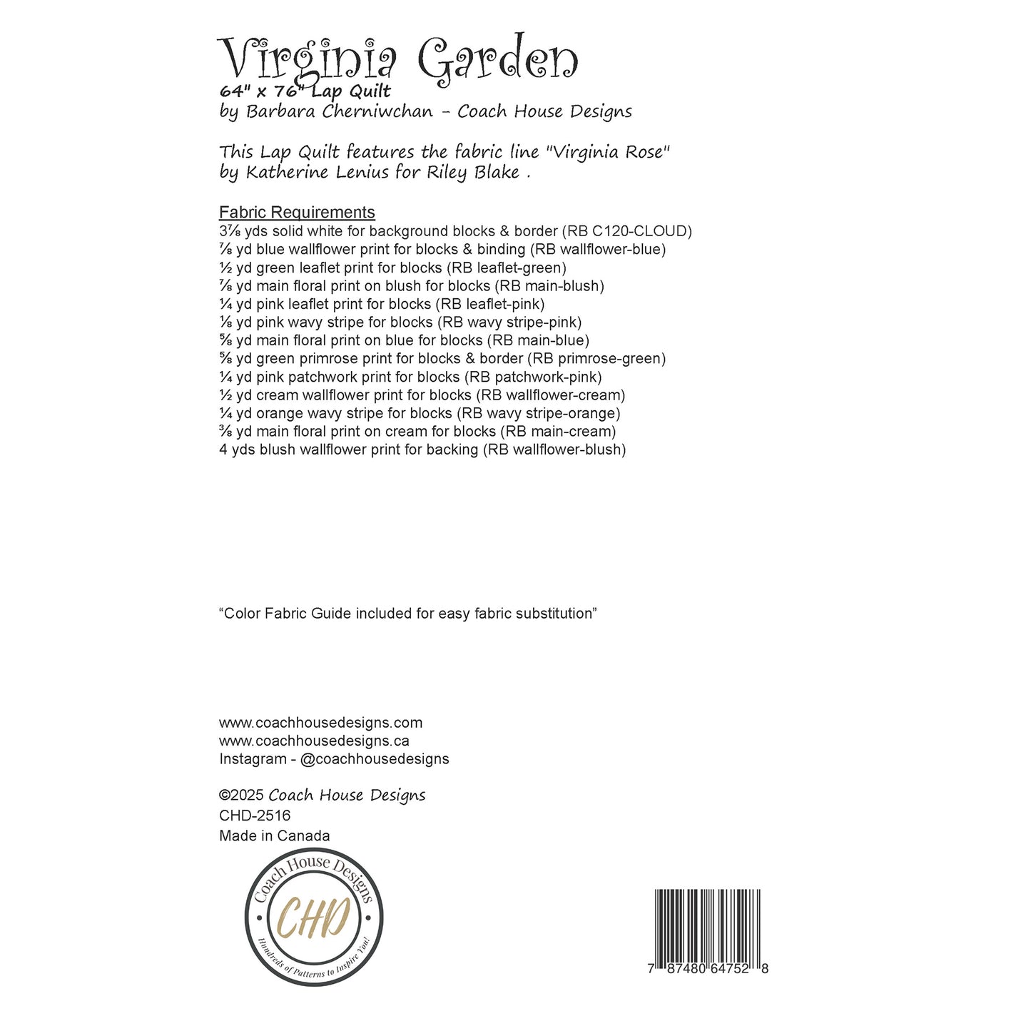 Back information sheet containing the product specifications and fabric requirements for a Virginia Garden lap quilt by Coach House Designs on a white background.