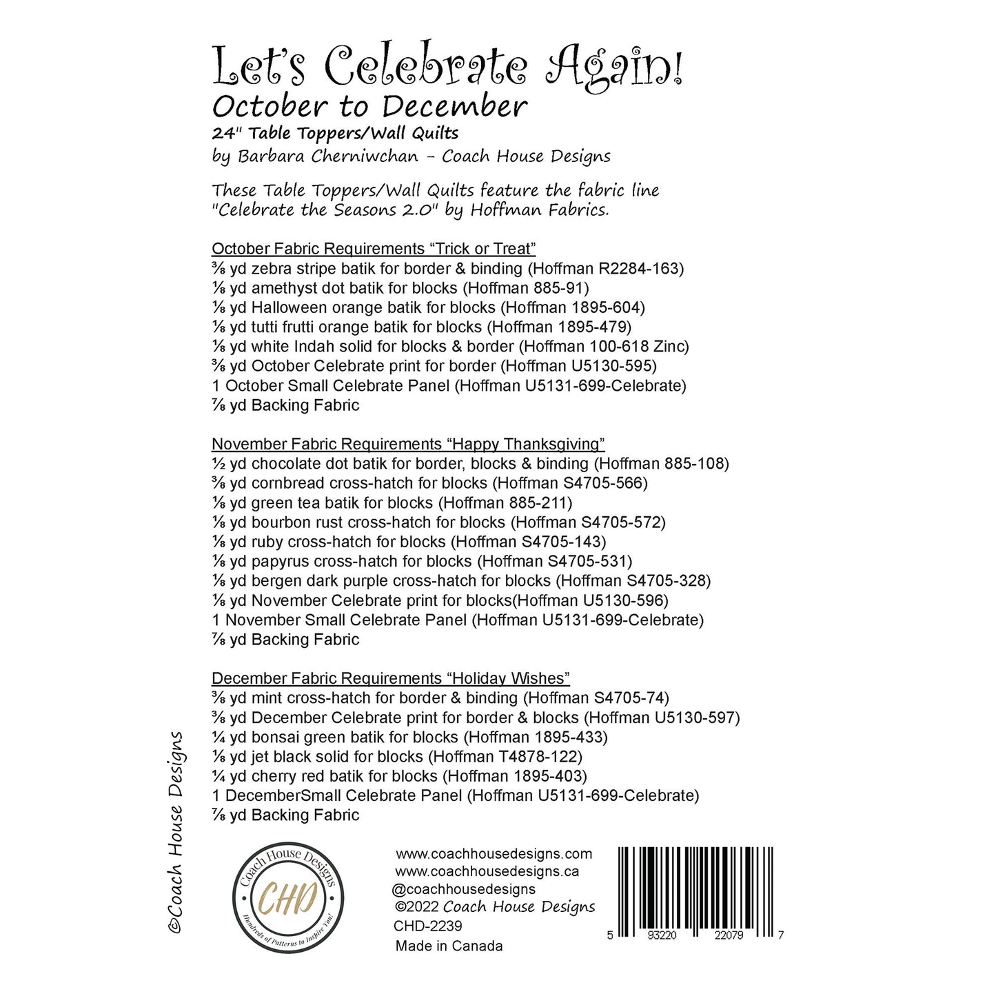 Let's Celebrate Again! October to December Downloadable PDF Quilt Pattern