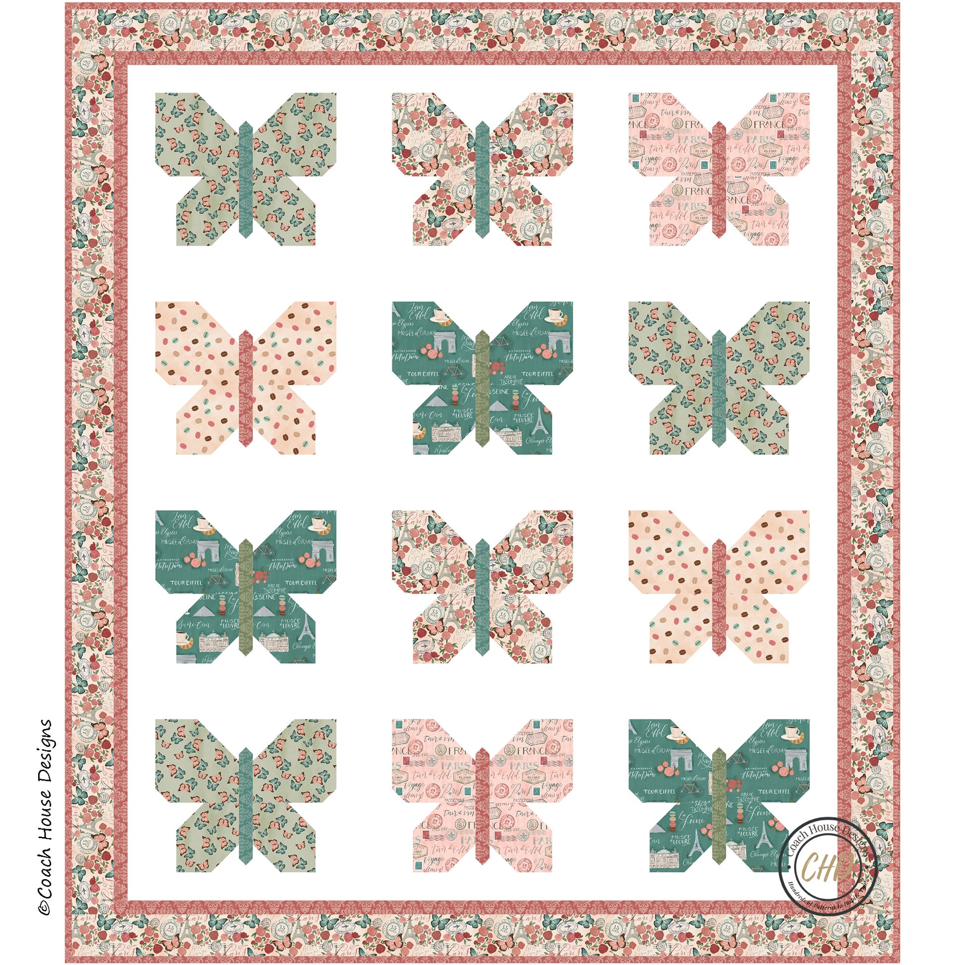 A digital image of a lap quilt with butterfly patterns in floral pinks and greens on a white background with a decorative floral border.