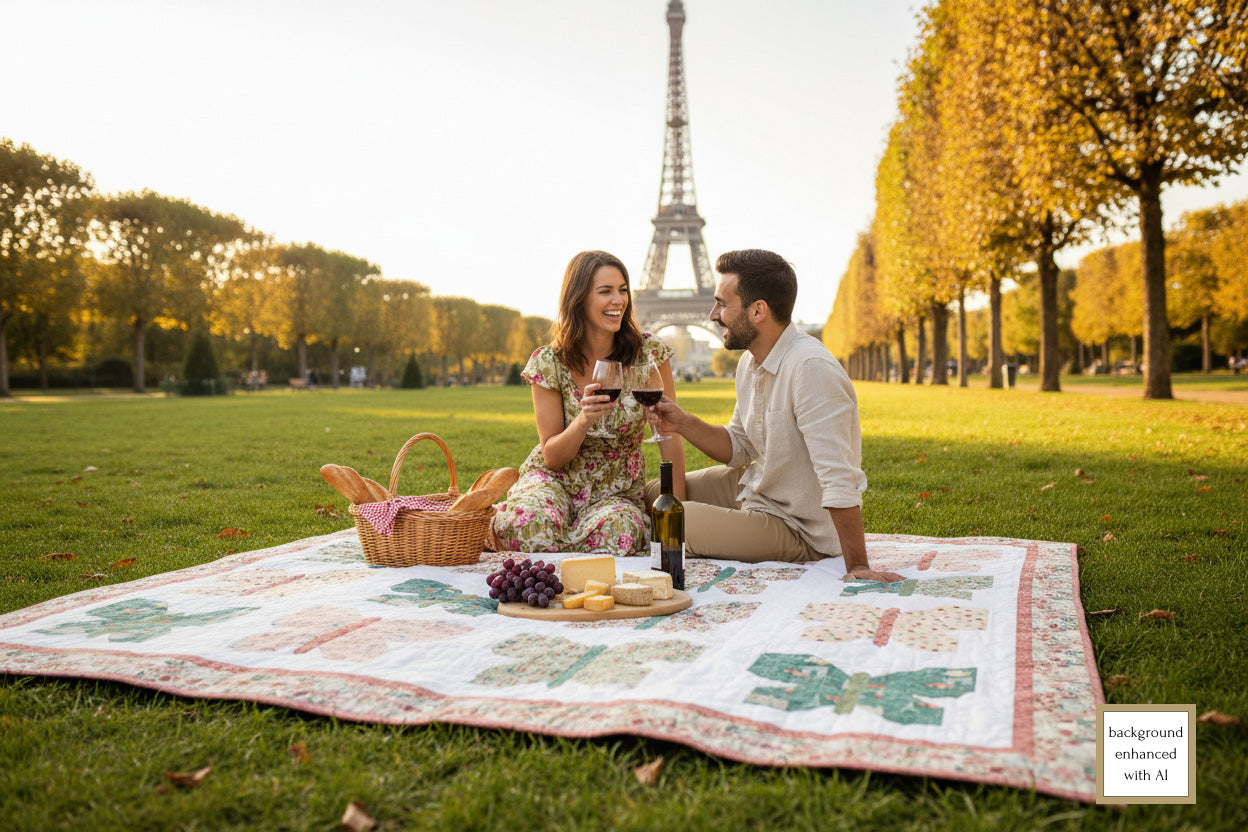 An image of a couple having a picnic in front of the Eiffel Tower. They are sitting on a butterfly patterned lap quilt in pinks and greens with a white background designed by Coach House Designs.