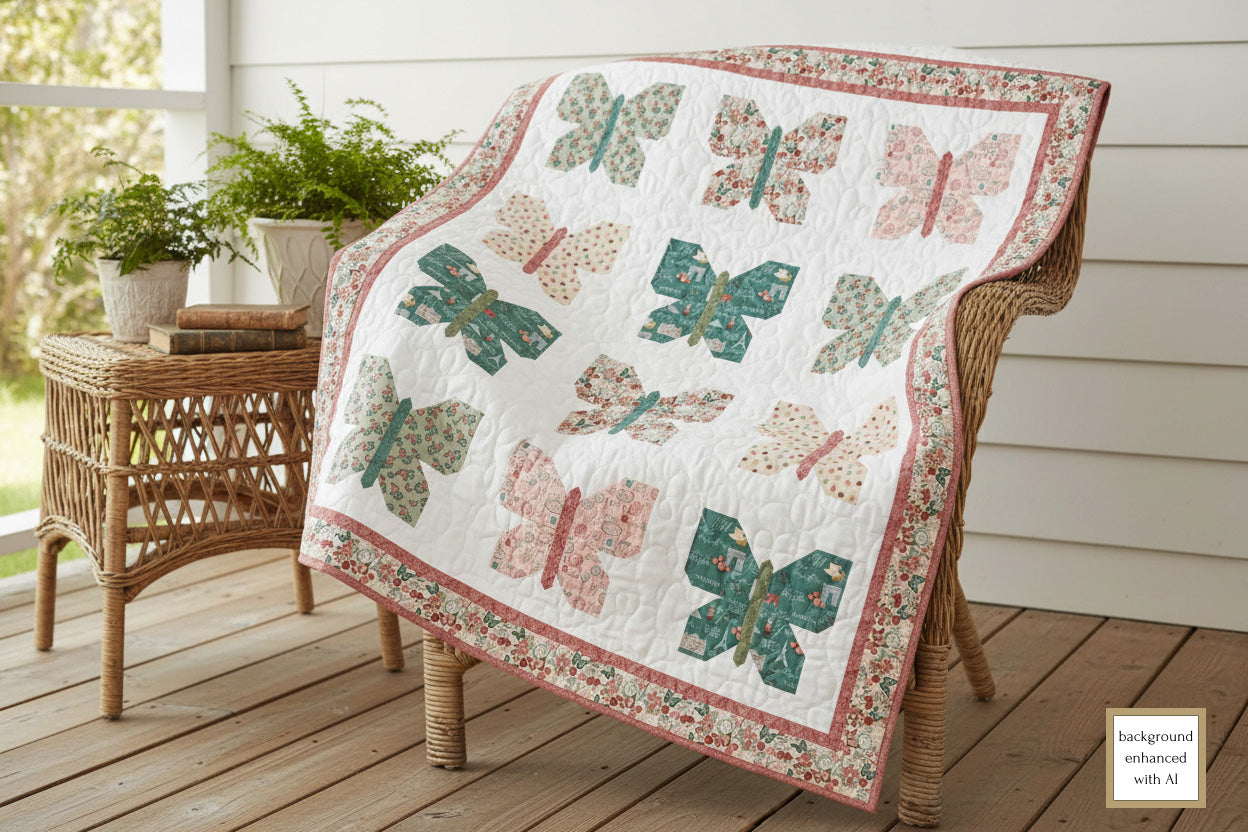 Lap quilt with butterfly patterns in floral pinks and greens on a white background with a decorative floral border