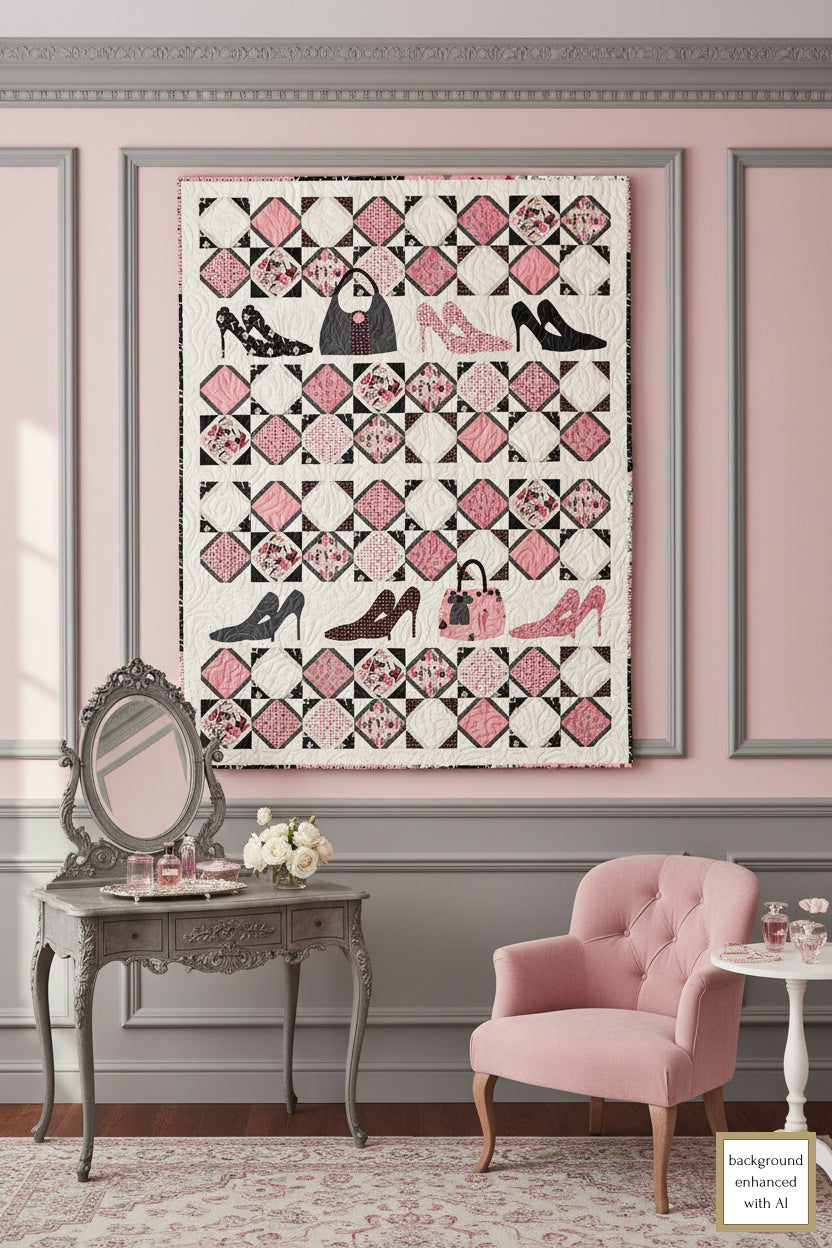 Lap quilt featuring appliqued high heel shoes and purses with a back ground of pieced blocks made from vintage style Barbie fabric.