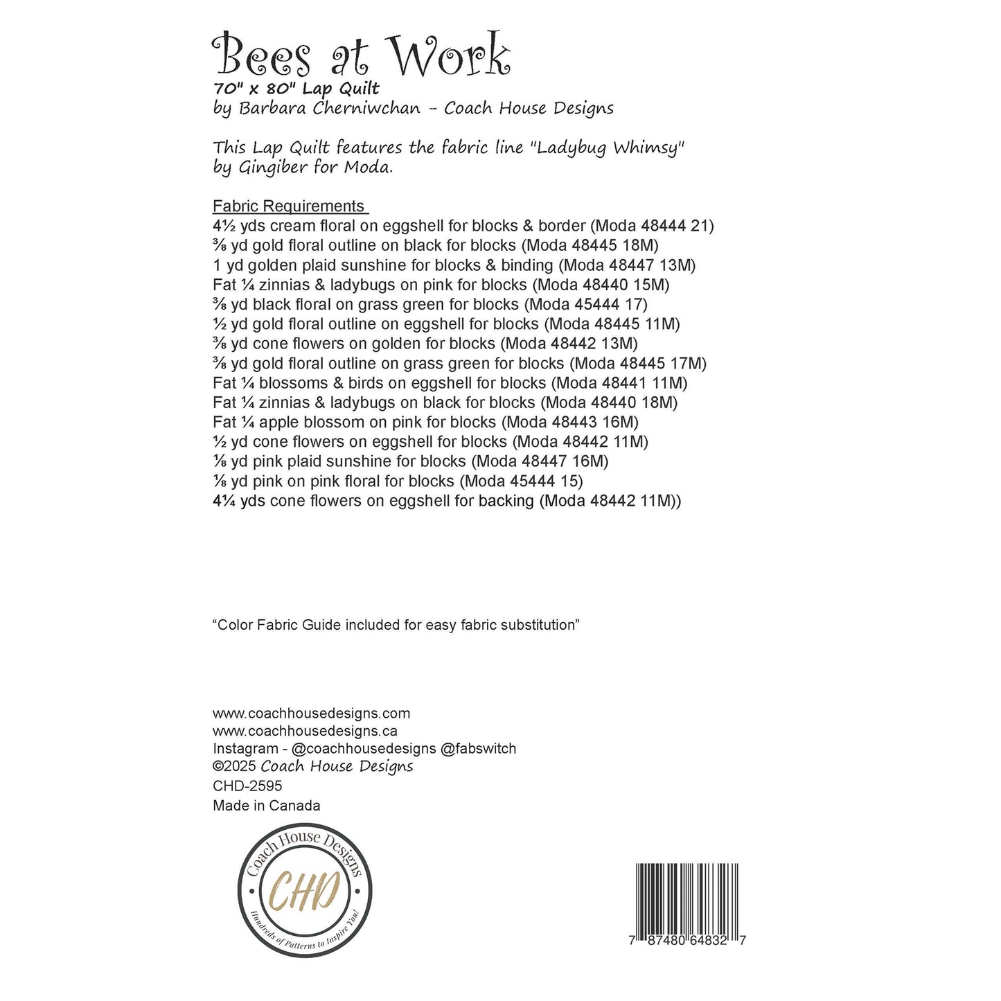 Textual information about a lap quilt sewing pattern titled 'Bees at Work' by Coach House Designs. This page contains information about the design specifications and fabric requirements to make the quilt.