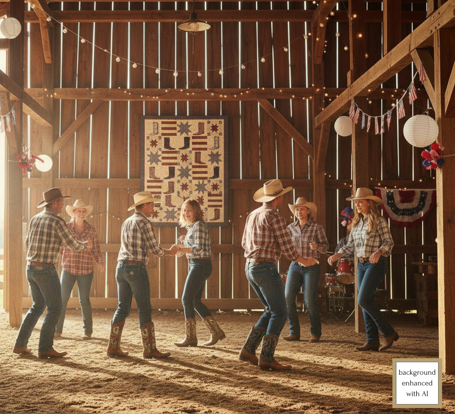 Group of people dancing in a rustic barn with wooden walls and decorative lights. Boots & Stripes quilt hanging on the wall of the barn.