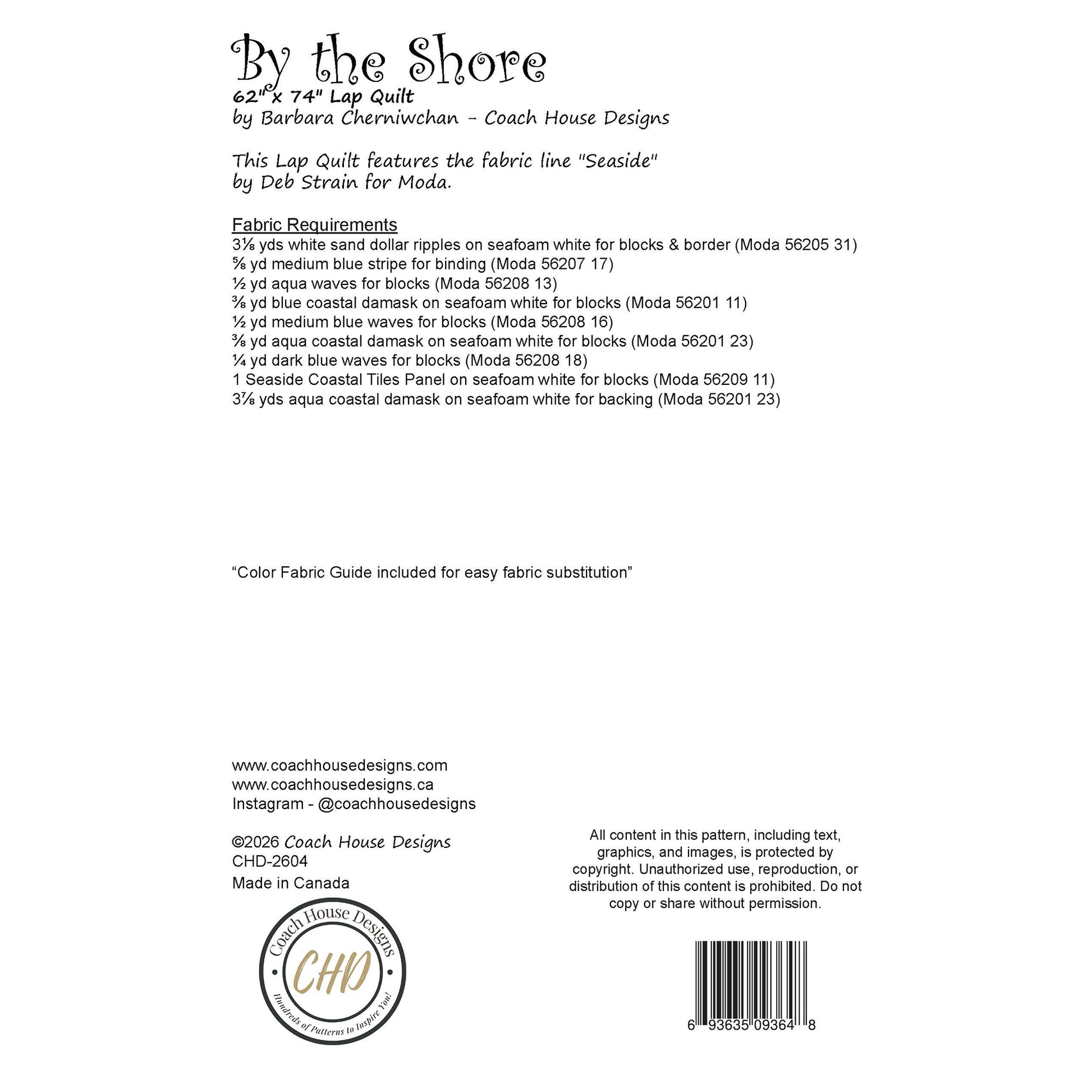 This page contains information about a lap quilt sewing pattern titled 'By the Shore' by Coach House Designs. It includes specifications and yardage requirements from the fabric collection "Seaside" by Deb Strain for Moda. 