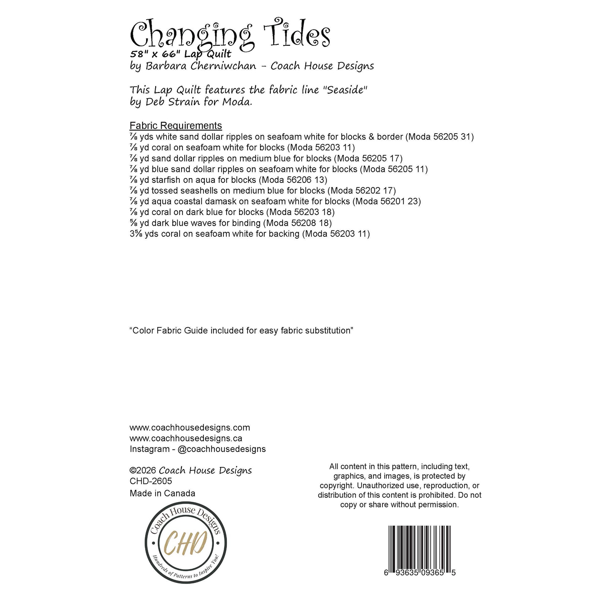 This page contains information about a lap quilt sewing pattern titled 'Changing Tides' by Coach House Designs. It includes specifications and yardage requirements from the fabric collection 'Seaside' by Deb Strain for Moda. 