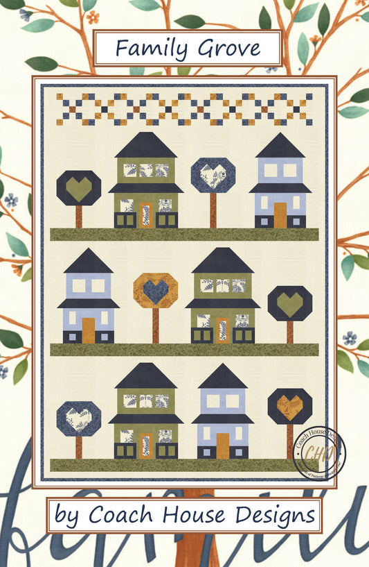 Quilt pattern with houses and trees labeled 'Family Grove' by Coach House Designs.