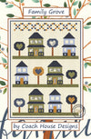 Quilt pattern with houses and trees labeled 'Family Grove' by Coach House Designs.