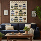 Living room with a blue sofa, wooden coffee table, and Family Grove quilt hanging on the wall.