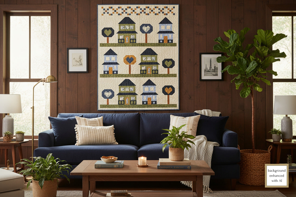 Living room with a blue sofa, wooden coffee table, and Family Grove quilt hanging on the wall.