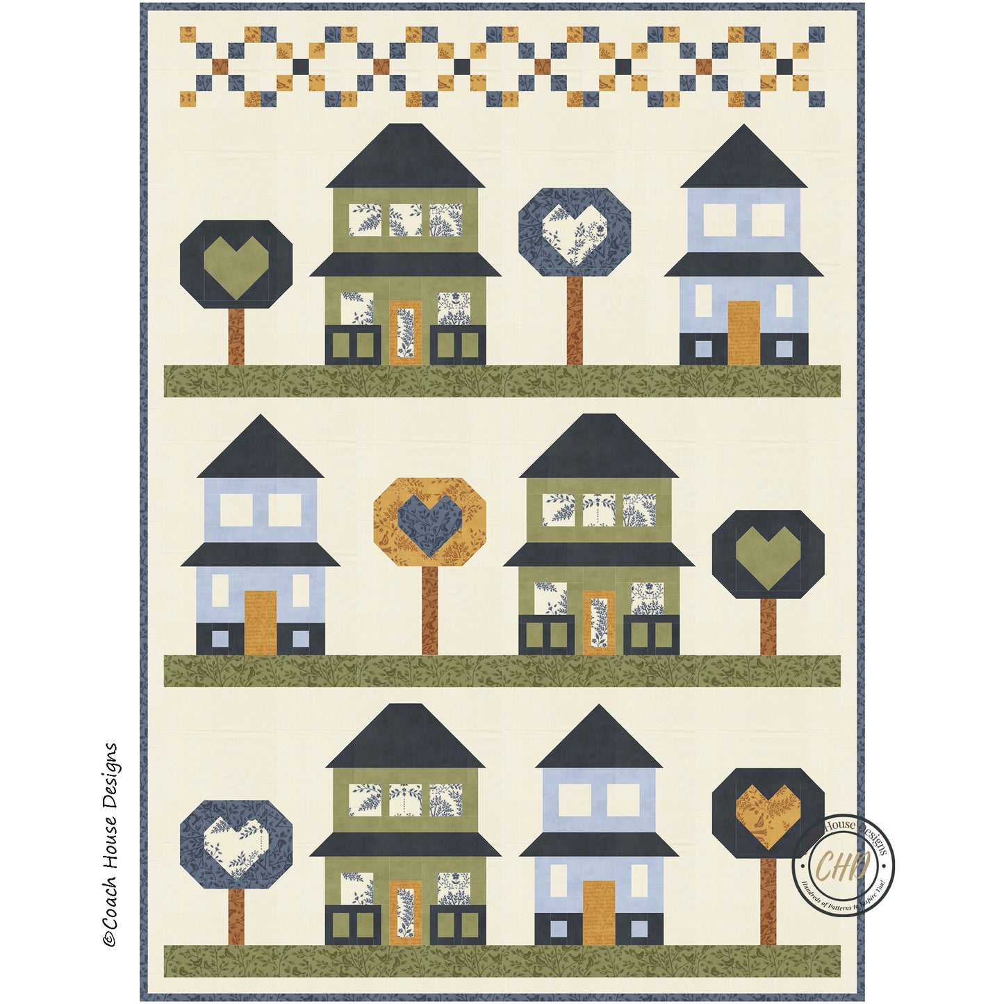 Quilt featuring tree and house blocks designed by Coach House Designs and using Family Tree fabric by Deb Strain.