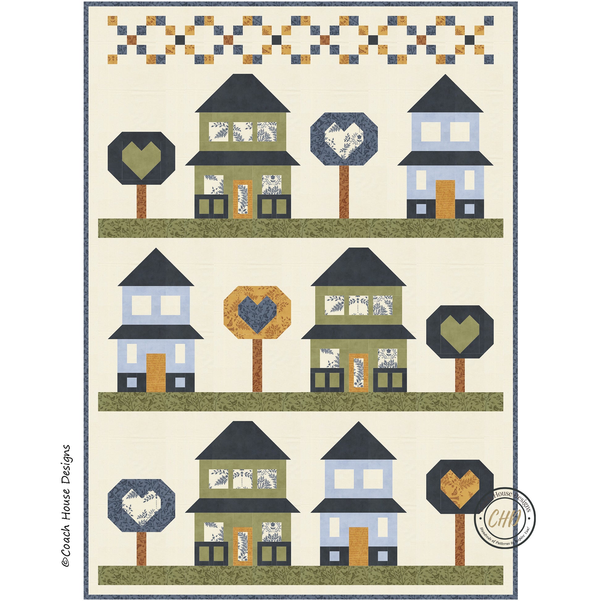Quilt featuring tree and house blocks designed by Coach House Designs and using Family Tree fabric by Deb Strain.