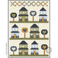 Quilt pattern with house and tree blocks with hearts in the middle on a beige background.  Designed by Coach House Designs