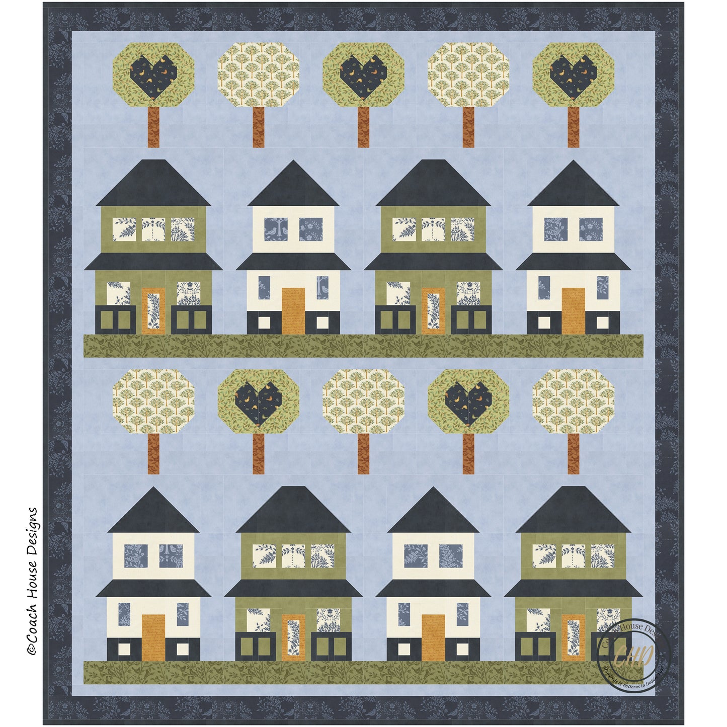 Digital close-up of the lap quilt motif, consisting of 8 quaint green and cream  houses sitting on lines of green grass with lollipop like tree blocks, half of which have blue hearts in them. The remaining trees have a floral pattern. The houses and trees are set on a blue background with a darker blue border.