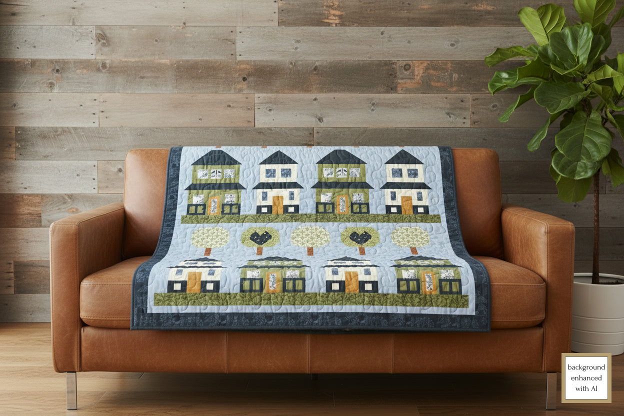 AI image of a the lap quilt with house pattern on a brown leather couch against a wooden wall.