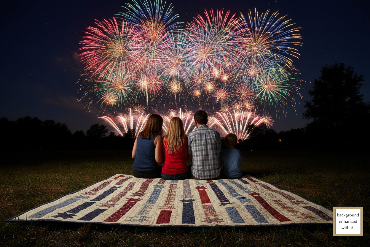 Family sitting on the Fireworks lap quilt which is  made from Deb Strain's America 250  Years fabric Jelly Roll.  The blocks represent the bursts with stars and rectangular blocks for the trails.