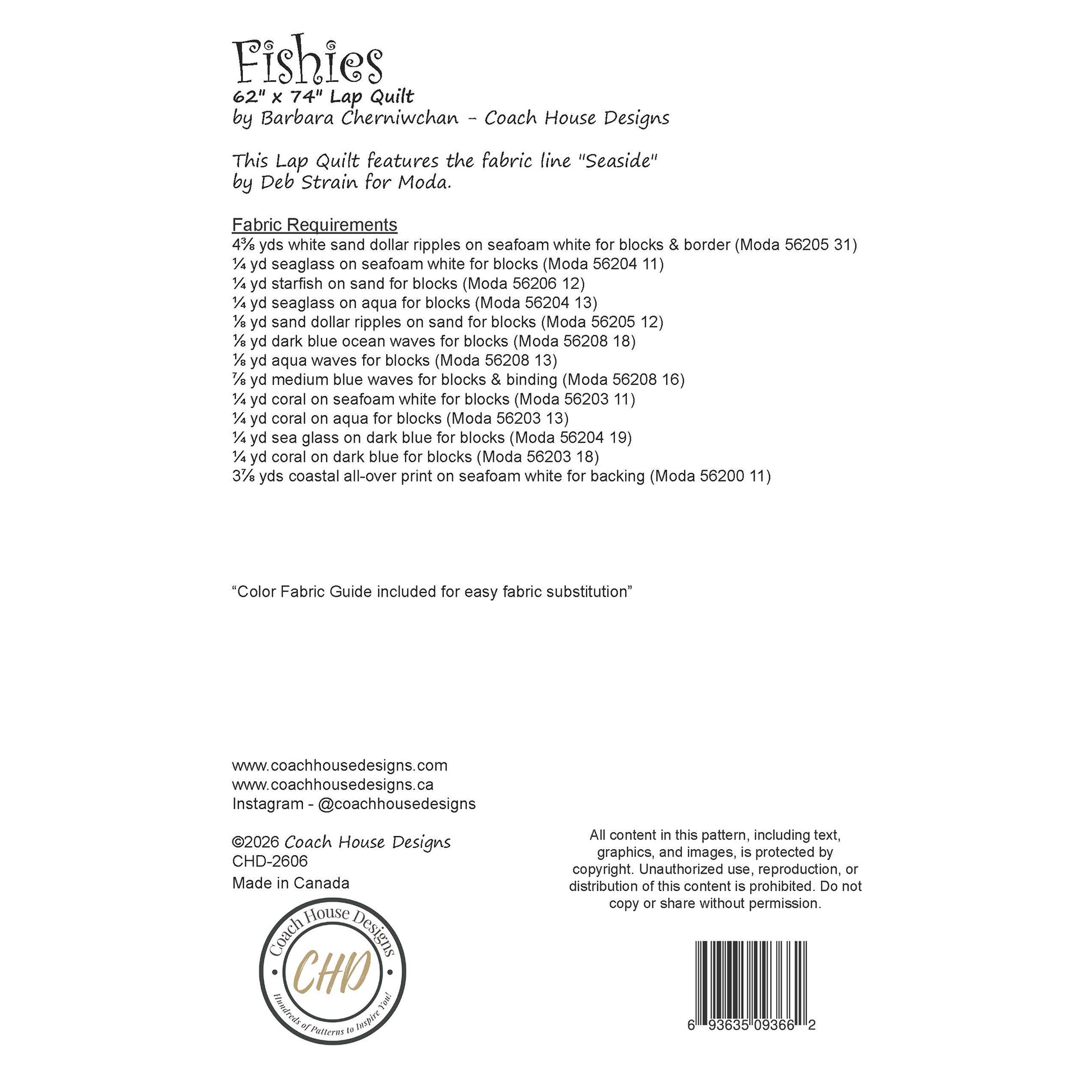 This page contains information about a lap quilt sewing pattern titled 'Fishies' by Coach House Designs. It includes specifications and yardage requirements from the fabric collection "Seaside" by Deb Strain for Moda. 