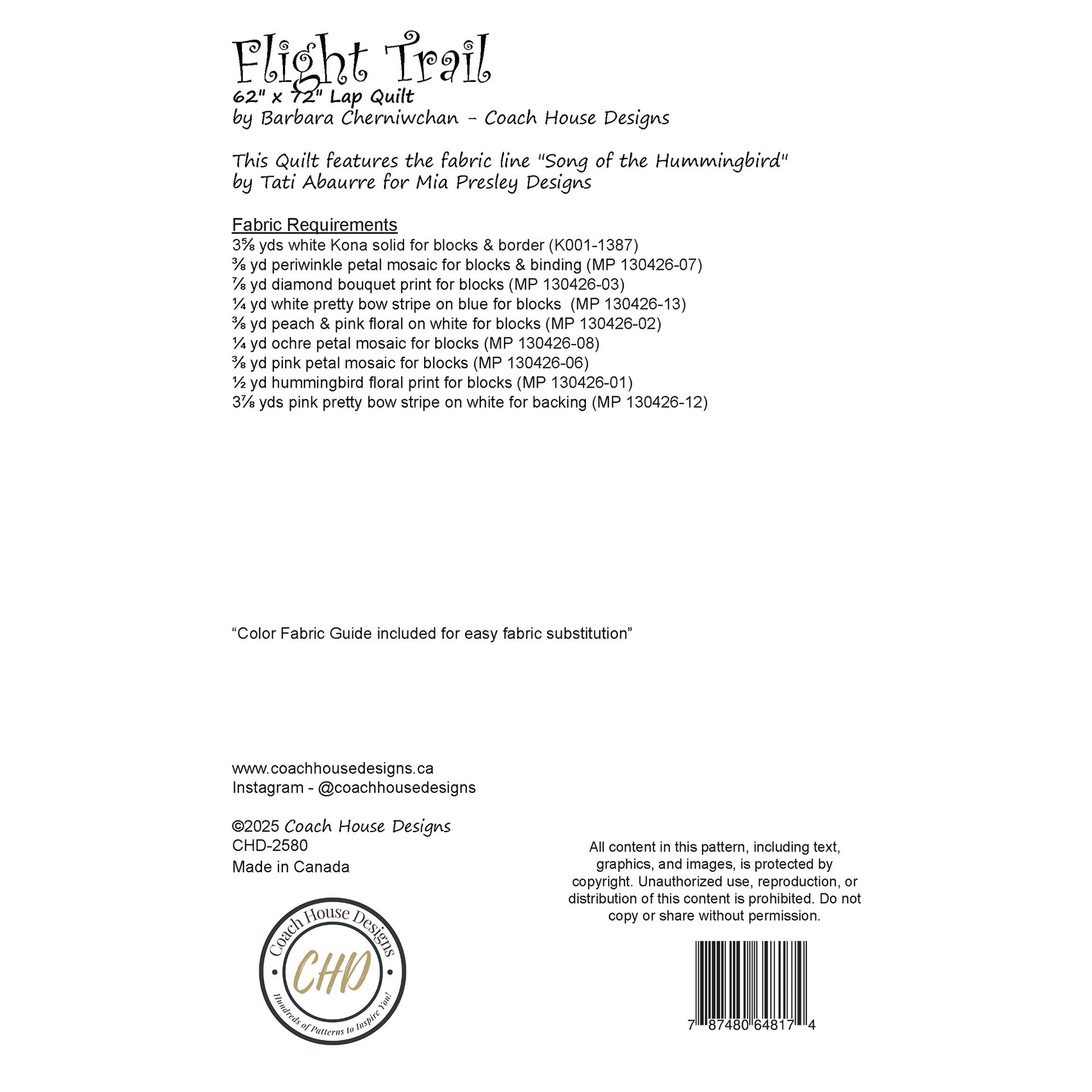 Back of a quilt pattern packaging with information about fabric requirements  for a lap quilt titled "Flight Trail' by Coach House Designs.