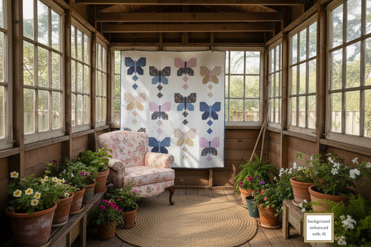 Sunroom with butterfly-patterned lap quilt hanging on wall with  armchair, and potted plants.