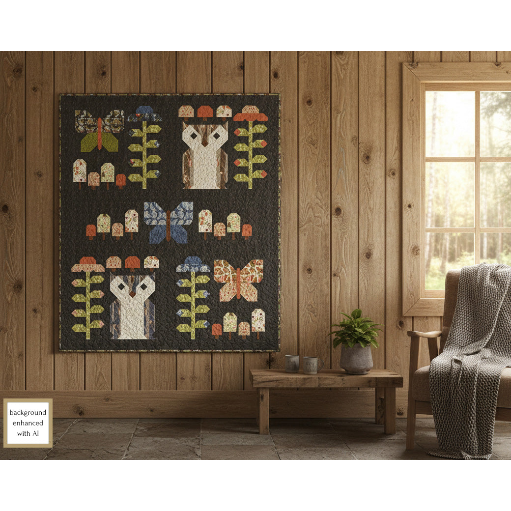 Lap quilt with owl blocks,  butterfly blocks, mushroom blocks and flower blocks hanging on a  wooden wall in a room with a window and chair.