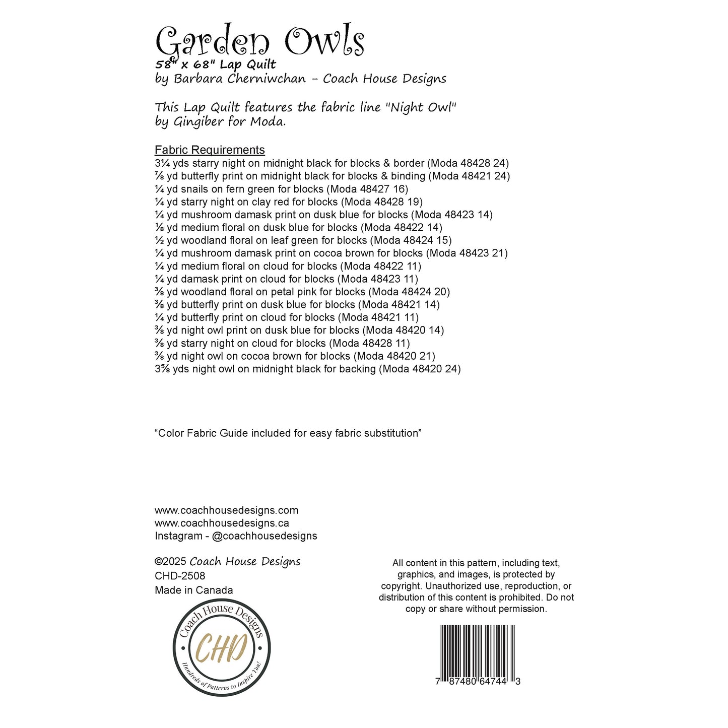 Fabric guide for 'Garden Owls' by Coach House Designs.
