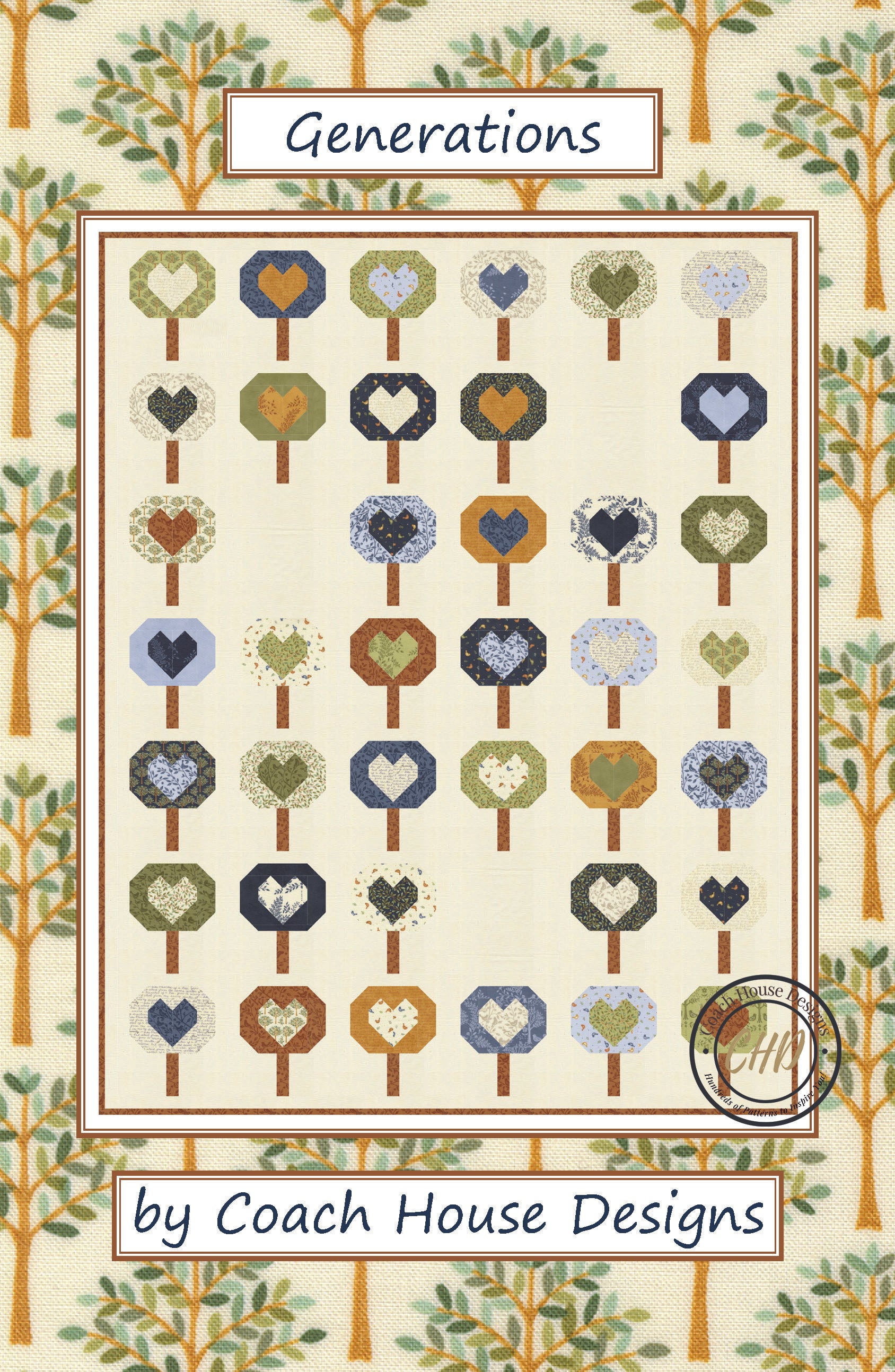 Lap quilt pattern with blocks of 39 lollipop stye tree designs, each with alternate color hearts in the foliage. The trees are in a mixture of lovely greens, blues and gingers on a cream background.  The pattern is titled 'Generations' by Coach House Designs.