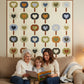 AI image of woman and child reading a book to an older woman in a living room with a colorful lap quilt on the wall. The quilt has tree forms with hearts in the foliage. 