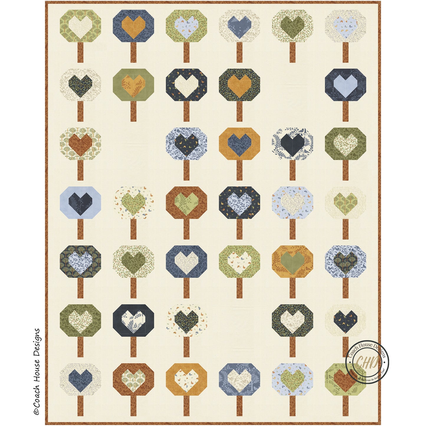 Close up view of the lap quilt pattern with lollipop shaped trees with centers of blocked hearts, on a soft cream background.