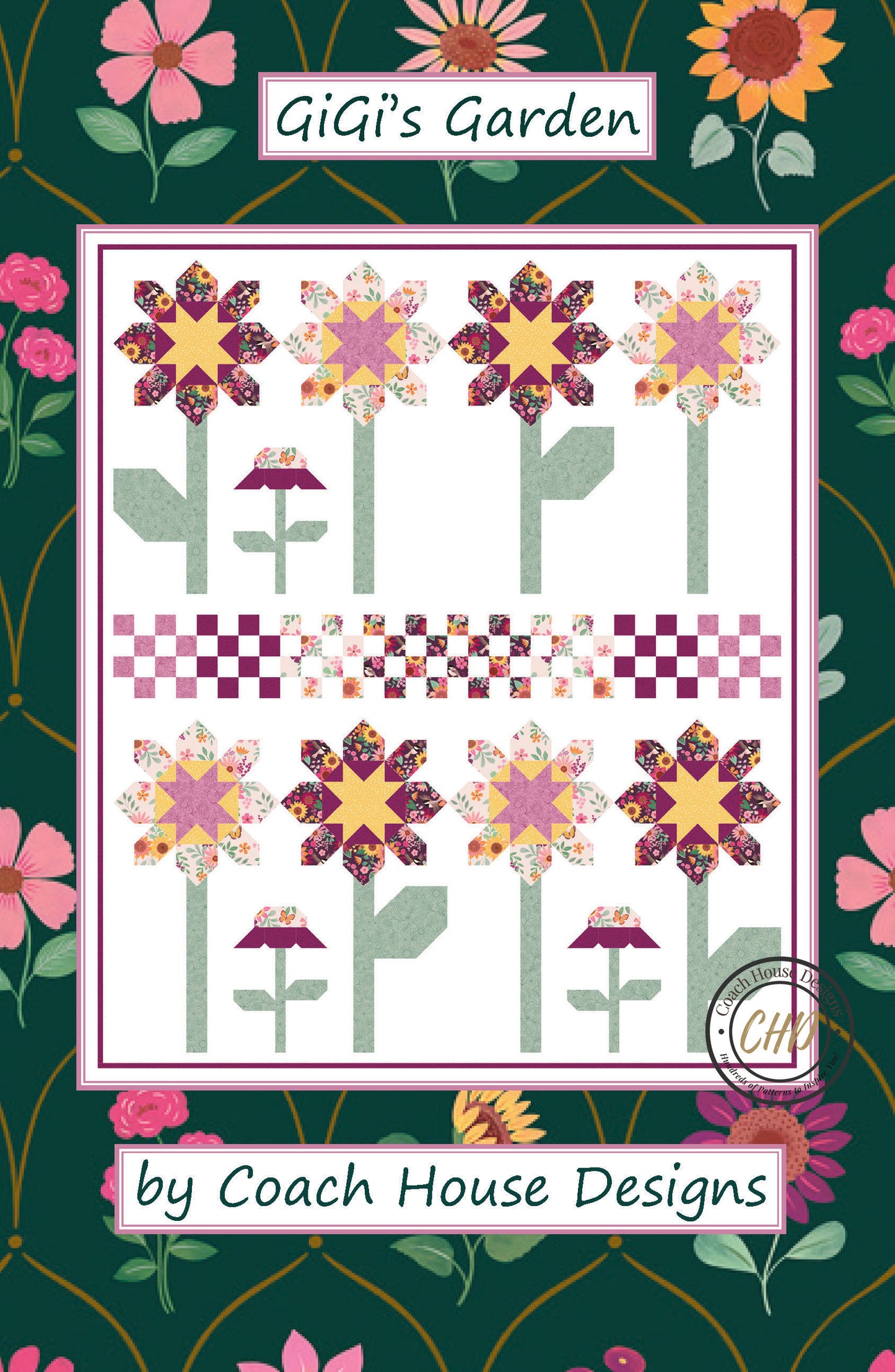 Bold floral design on a lap quilt with 'GiGi's Garden' text and Coach House Designs logo on a white background.