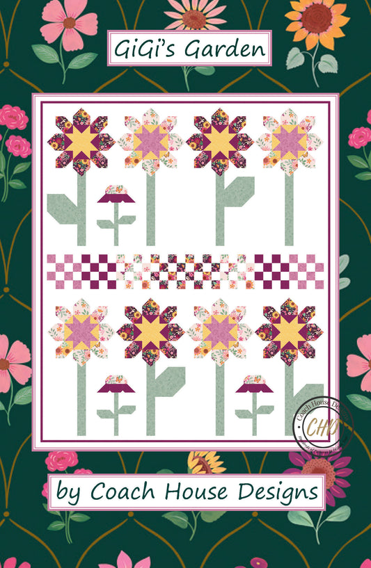 Bold floral design on a lap quilt with 'GiGi's Garden' text and Coach House Designs logo on a white background.