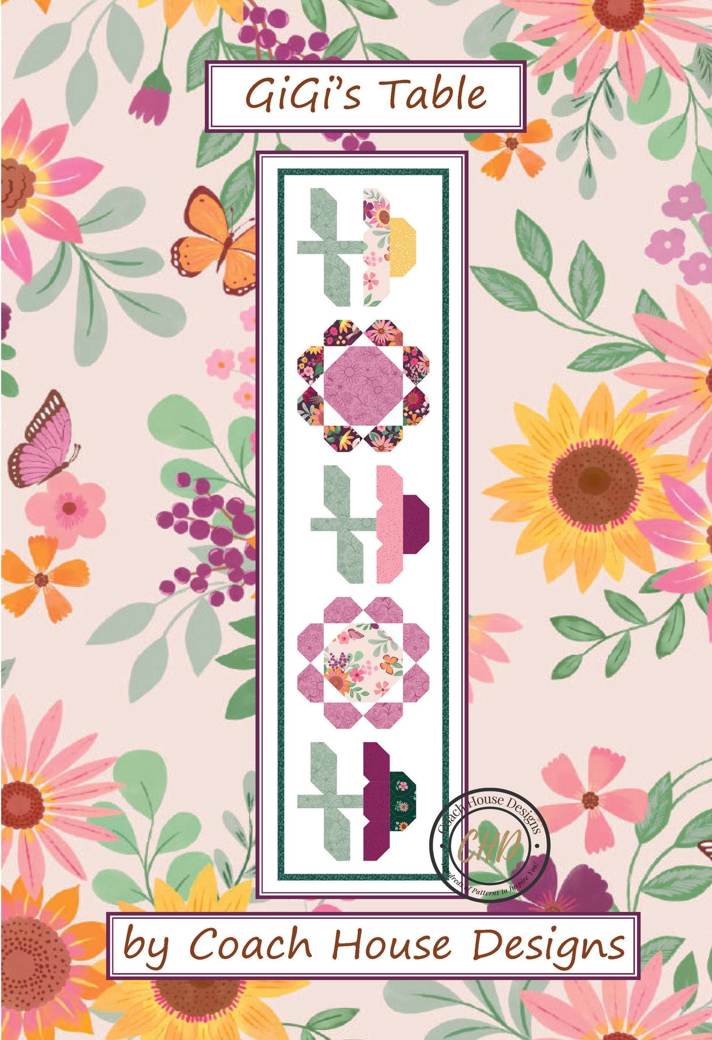 Table runner quilt pattern featuring bold floral shapes in floral fabric on a white background, titled 'GiGi's Table' by 'Coach House Designs'.