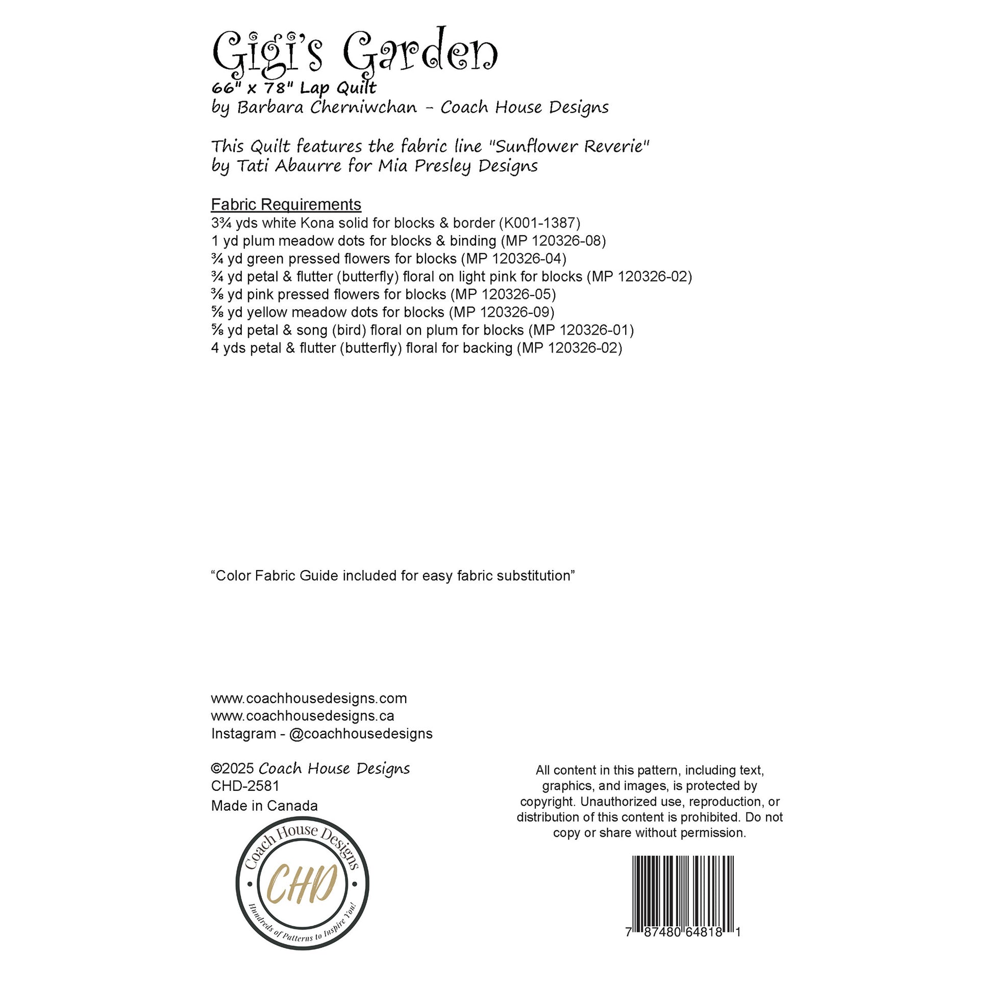 Back information sheet with fabric requirement for a  quilt pattern  titled 'Gigi's Garden' by Coach House Designs